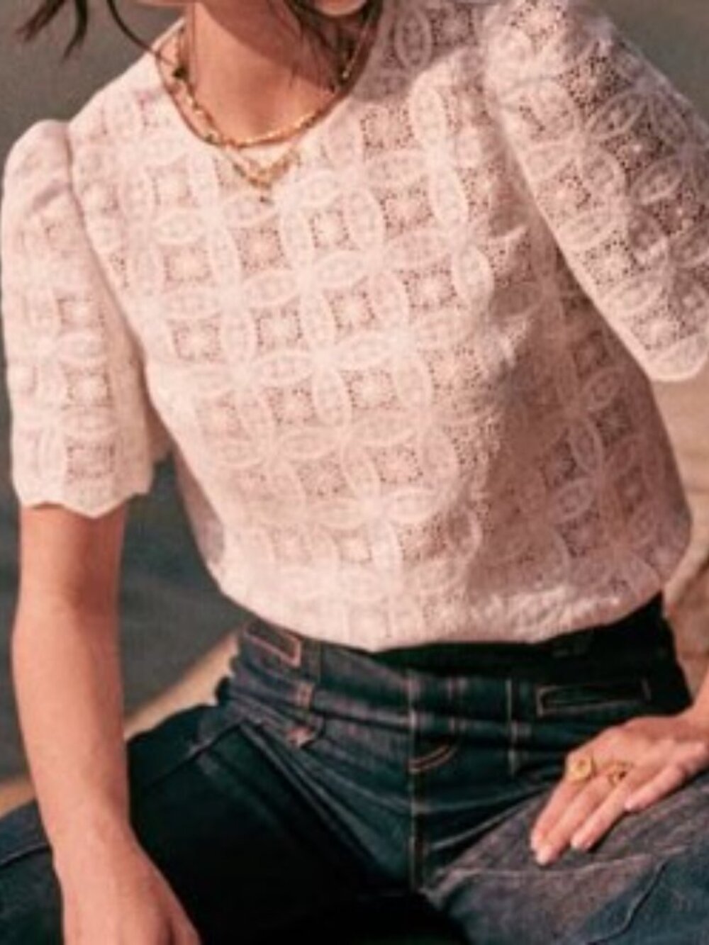 Sezane Lilo Blouse - White Lace Short Sleeve Top size 34